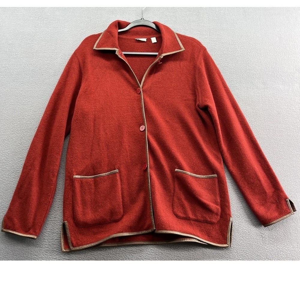 Cullen Sweater Women's Small Rust Red 100% Lambswool Cardigan Leather Trim